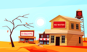 Natural disasters composition with village in desert suffering from drought with houses and dried up tree vector illustration