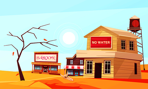 Natural disasters composition with village in desert suffering from drought with houses and dried up tree vector illustration