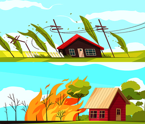 Set of two horizontal natural disasters banners with living houses inflienced by storm wind and fire vector illustration