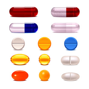Colorful medicine pills and capsules realistic set isolated on white background vector illustration
