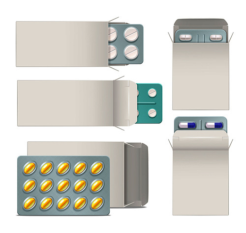 Realistic set of opened paper packaging with blisters of medicine pills and capsules isolated vector illustration