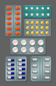 Realistic set of medicine blister packs with pills and capsules isolated on transparent  background vector illustration