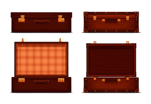 Realistic set of closed and opened vintage suitcases with locks and metal corners isolated vector illustration