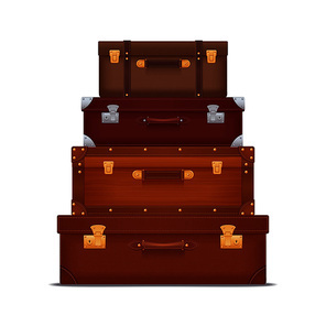 Realistic composition representing stack of vintage suitcases and trunks with locks and metal corners vector illustration
