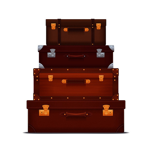 Realistic composition representing stack of vintage suitcases and trunks with locks and metal corners vector illustration