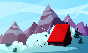 Natural disasters illustration snowstorm with highlands landscape and snowslip with images of mountains and living house vector illustration