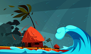 Natural disasters composition with rain and tsunami on ocean front with bungalow and tropical coast background vector illustration