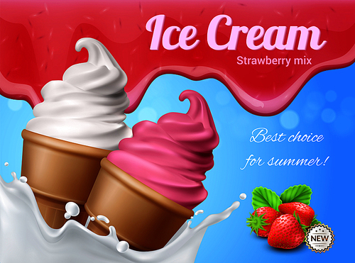 Ice cream realistic advertising composition with editable text and images of two icecream cornets with berries vector illustration