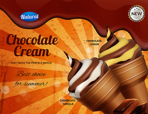 Ice cream realistic advertising composition with portions of icecream cornet and ornate text available for editing vector illustration