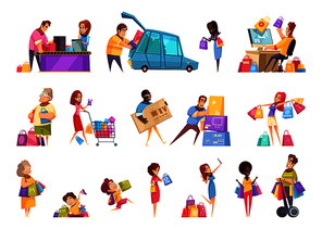 Shopping shopaholic icons collection of isolated cartoon style images and human characters of people with goods vector illustration