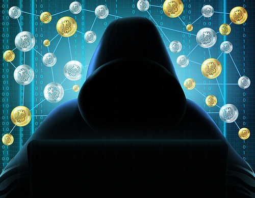 Cryptocurrency blockchain realistic miner in black hood behind computer against digital screen and bitcoins net background vector illustration