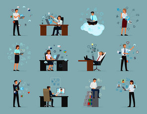 Workers in office wear work online from modern devices and in usual and atypical conditions on blue background. Set includes female and male characters. Internet business vector illustration.