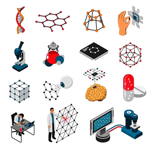 Nano technology set of isometric icons with scientific laboratory, grids and particles, medical innovation isolated vector illustration