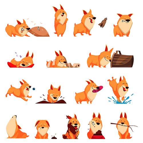 Cartoon cute puppy set of different situations including sleep, eating, howl, walking and pranks isolated vector illustration