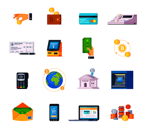 Financial technology orthogonal flat icons set with credit cards online banking and automated teller machine isolated vector illustration