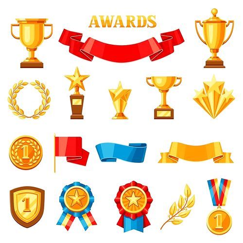 Awards and trophy icons set. Reward items for sports or corporate competitions.