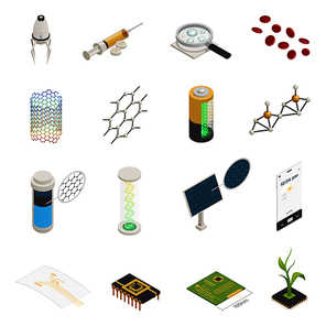 Nanotechnology nanoscience nanomedicine isometric symbols set with nanorobots injection computer chips and material synthesis isolated vector illustration
