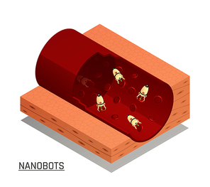 Innovative nanotechnology medical tests diagnostics and treatments with nanorobots flowing through blood vessel isometric composition vector illustration