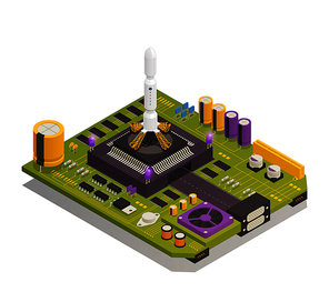 Semiconductor electronic components assembled on printed circuit board as space rocket launching complex isometric composition vector illustration