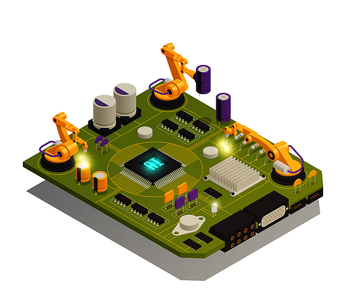 Intelligent manufacturing isometric composition with robotic hands assembling semiconductor electronic components on printed circuit board vector illustration