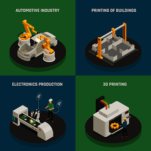 Intelligent manufacturing 4 isometric icons square concept with 3d printing and automated electronics production isolated vector illustration