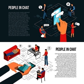 People chatting concept 2 horizontal isometric banners with infographic elements and informational text isolated vector illustration