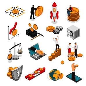 Set of isometric icons with ico blockchain concept, safe bitcoin, cryptocurrency mining, startup project isolated vector illustration