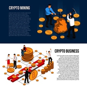 Cryptocurrency mining hardware investment maintaining operations and profit guide 2 isometric banners with text isolated vector illustration