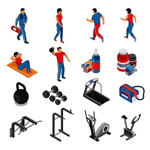 Healthy lifestyle attributes isometric icons collection with fitness gym exercises equipment food supplements energizers isolated vector illustration