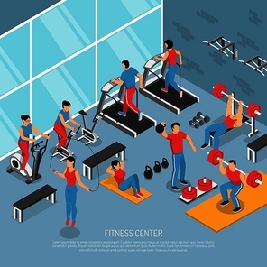 Fitness center interior with exercising people and equipment isometric poster with treadmills weights aerobic accessories vector illustration