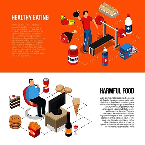 Healthy diet and exercising vs unhealthy junk food tv watching 2 isometric lifestyle banners isolated vector illustration