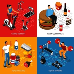 Fitness cardio workout strength training sport and healthy food choices concept 4 isometric icons isolated vector illustration