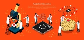 Nano technologies isometric composition on orange background with scientists, human brain with micro chip horizontal vector illustration