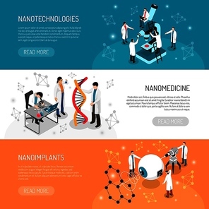 Nano technologies set of isometric horizontal banners with scientific research, medical development isolated vector illustration