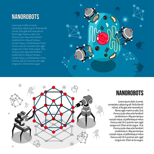 Set of horizontal isometric banners with nano robots, lattice, cell isolated on white turquoise  vector illustration