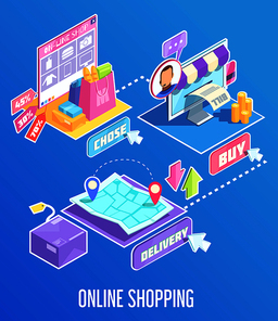 Products choice in internet shopping, buying online, order delivery, isometric composition on blue background vector illustration