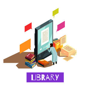 Online library isometric design concept with man reading electronic book on giant smartphone screen and stacks of paper books around vector illustration