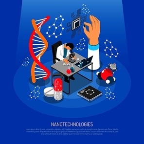 Nano technologies isometric composition on blue background with scientific laboratory, micro chip, robots, medical innovation vector illustration