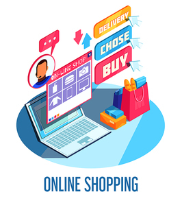 Online shopping isometric composition including products choice on internet site, electronic payment and delivery vector illustration