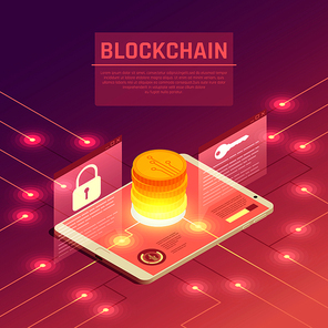 Blockchain cryptocurrency isometric composition with wired electrodes and tablet with stack of coins and lock signs vector illustration