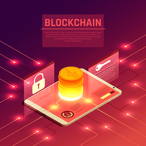 Blockchain cryptocurrency isometric composition with wired electrodes and tablet with stack of coins and lock signs vector illustration
