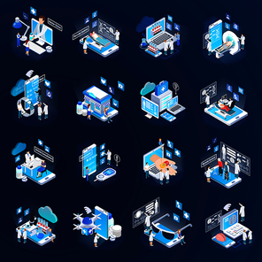 Health telemedicine glow isometric icons collection with mobile electronic devices remote tests virtual doctor isolated vector illustration