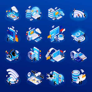 Wireless technology isometric glow icons set with cloud safe data storage access remote health monitoring vector illustration