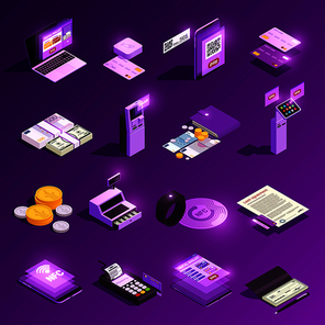 Payment methods cash and electronic money crypto currency glowing isometric icons isolated on purple background vector illustration