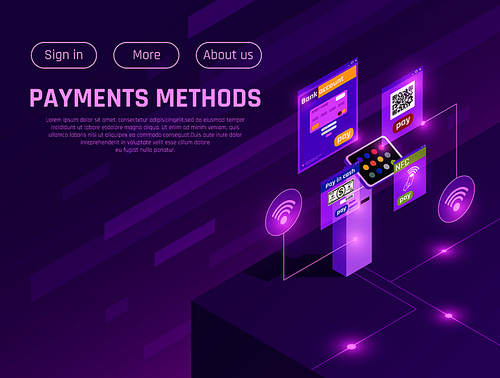 Cash money and electronic payment methods isometric web page with menu buttons on purple background vector illustration