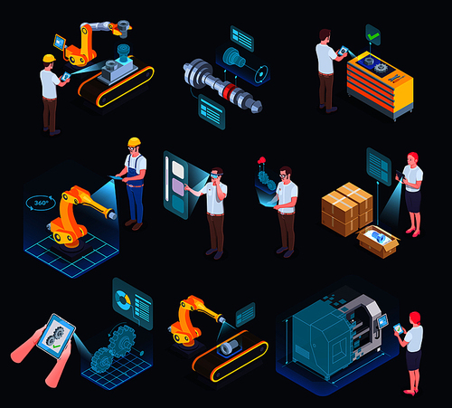 industrial applications of augmented reality supporting manufacturing process technology isometric elements collection black  isolated vector illustration