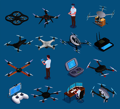Drones quadrocopters hexacopters air transportation delivery surveillance with virtual reality remote controllers isometric set isolated vector illustration