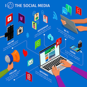 Social media in modern technologies on blue background with fast messenger, high-speed wi-fi, easy login, available internet, follow and online signs and icons. Devices and apps vector illustration.