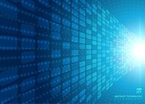 Abstract technology concept with blue neon radial light burst effect blue squares pattern futuristic perspective background. Digital elements circles halftone. Vector illustration