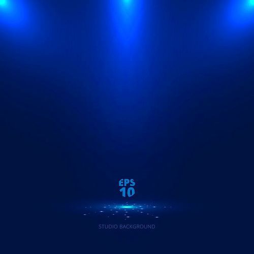 Blue stage background with light rays of spotlight and falling sparkling. Shimmering light dust shining. Studio room. Vector illustration